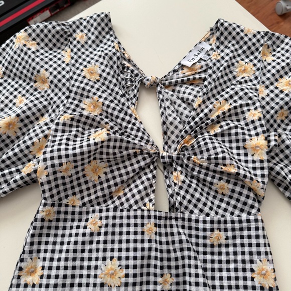 En Saison Gingham Daisy Floral Cut-Out Dress Puff Sleeve Boho Cottagecore Girly - Picture 5 of 6